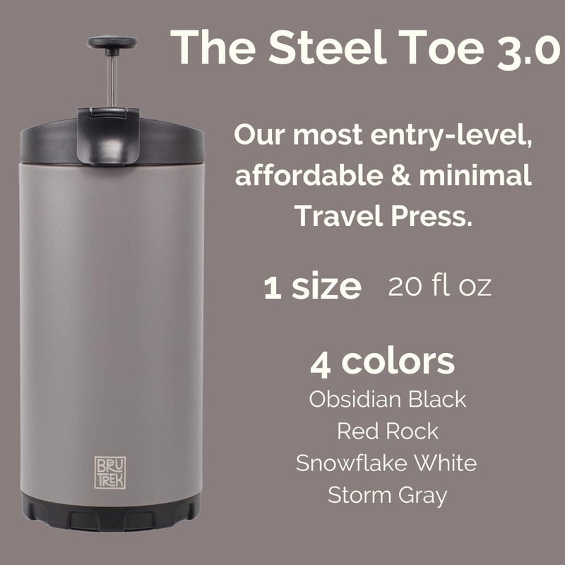 BruTrek Steel Toe 3.0 Travel Coffee Press - Brew 20 fl.oz On The Go - No Spill Lid, Double Wall Vacuum Insulated Stays Hot for Hours, French Press Coffee (Storm Gray) - Image 2